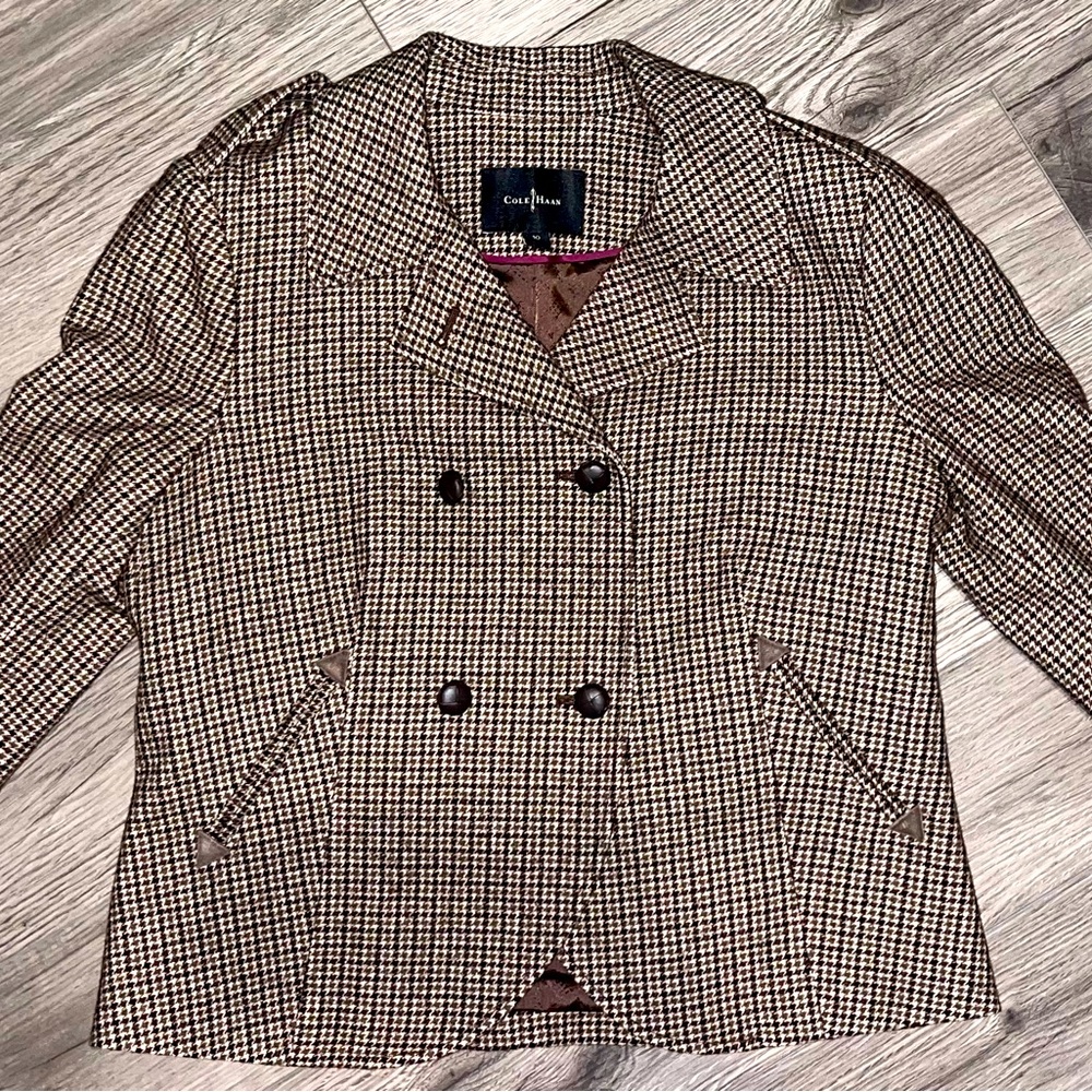 Cole Haan Brown and Black Houndstooth Double-Breasted Pea Coat